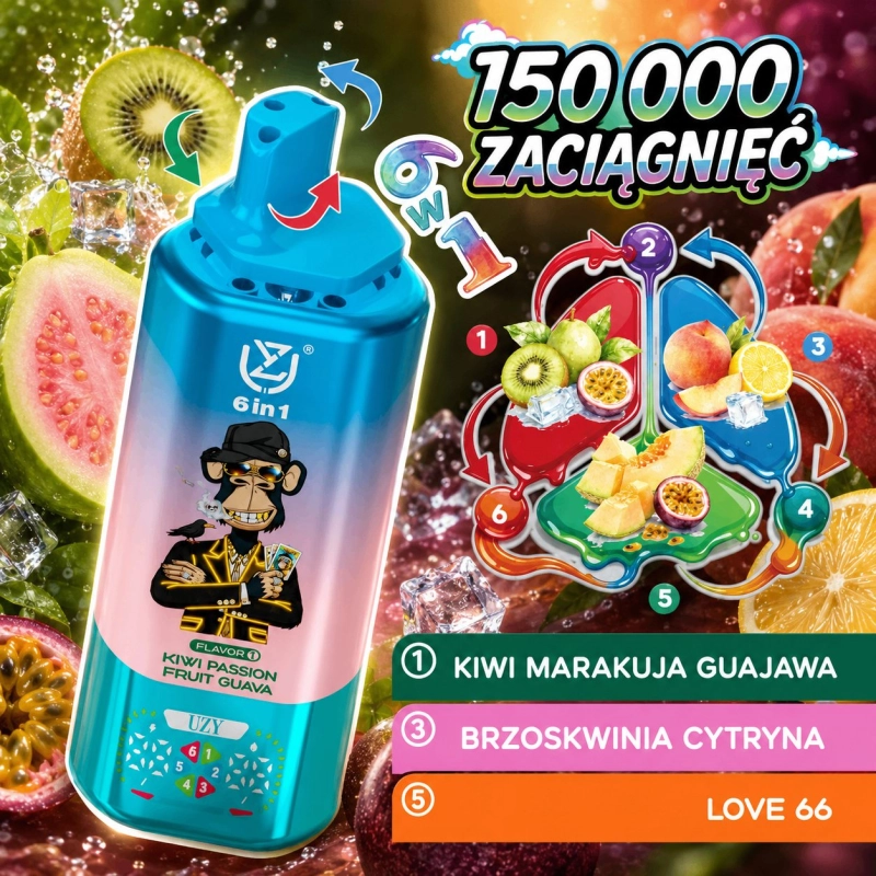 UZY 6 in 1 150000 zaciągnięć Jednorazowy E-papieros, Kiwi Marakuja Guajawa