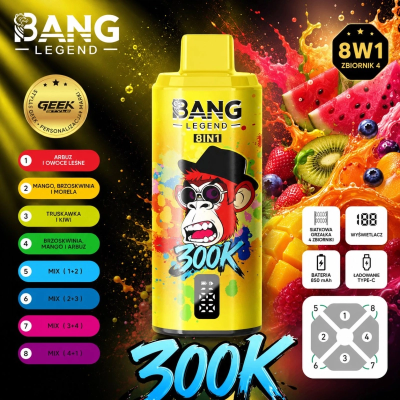 Bang Legend 300K 300000 buchów Jednorazowy e-papieros, Wielokolorowy Mix Owocowy