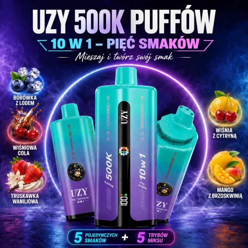 UZY 500K z pięcioma smakami: borówka z lodem, wiśniowa cola, truskawka z wanilią, cytryna i wiśnia oraz mango i brzoskwinia
