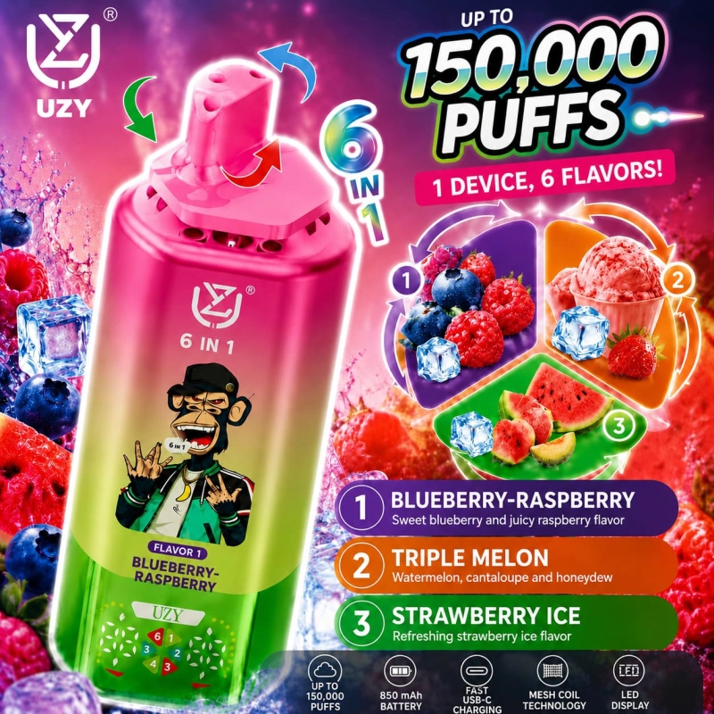 UZY 150K Puffs Blueberry Raspberry Triple Melon Strawberry Ice flavor vape
