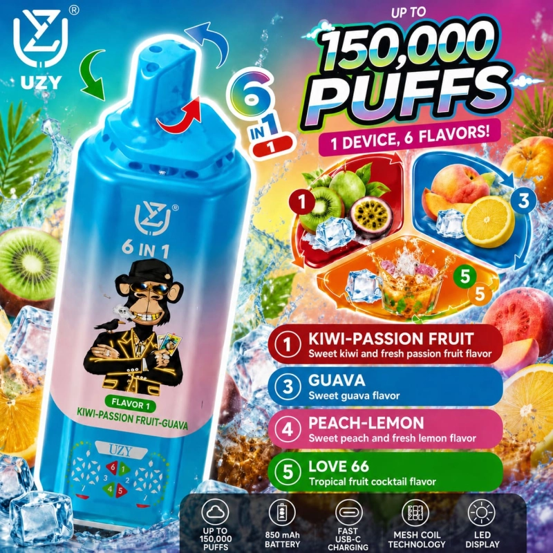 UZY 150K Puffs Kiwi Passion Fruit Guava Peach Lemon Love 66 flavor vape