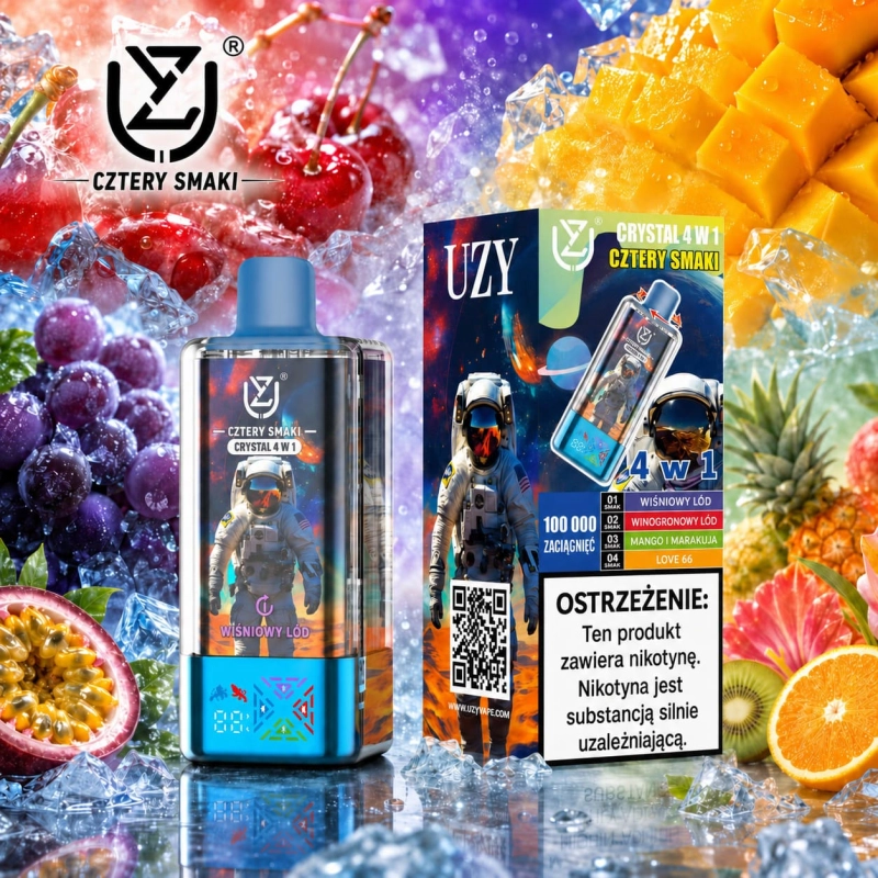 UZY Crystal 100K 4w1 – borówka z lodem, mango z brzoskwinią i morelą, kiwi z marakują i guawą oraz biała brzoskwinia z Blue Razz