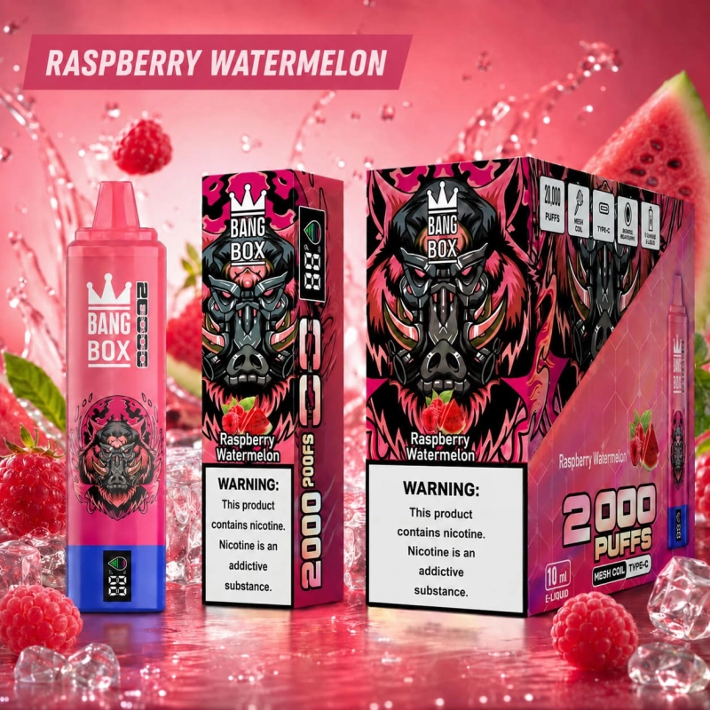 Bang Box 20000 Puffs rechargeable vape in Raspberry Watermelon flavor with raspberry and watermelon
