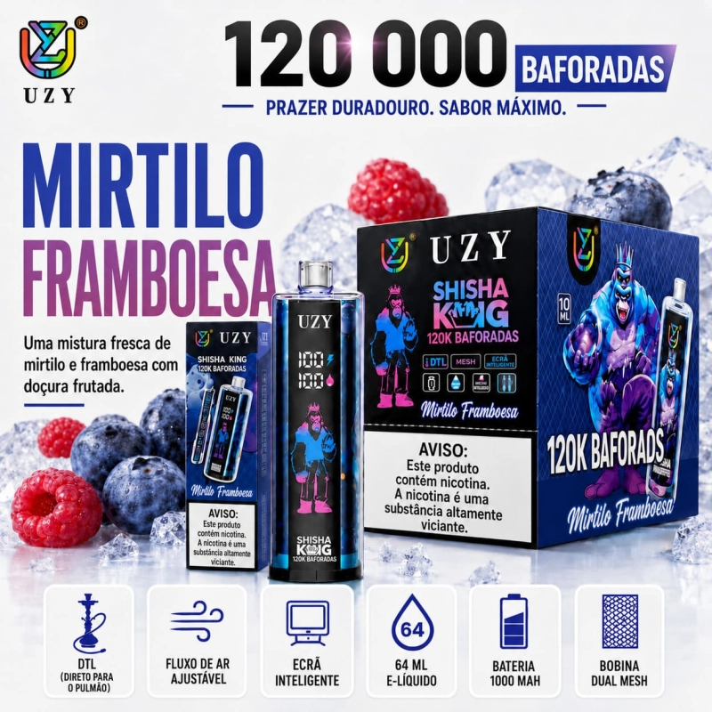 UZY Shisha King 120K sabor Mirtilo e Framboesa com mistura de frutos vermelhos