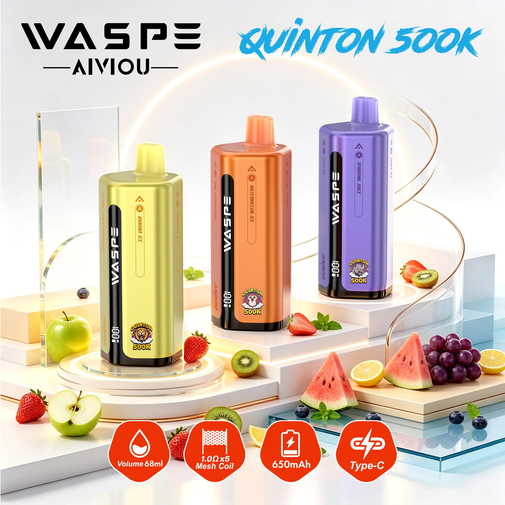 WASPE Quinton 500K | sistem z možnostjo 10 v 1, 500.000 vdihov, 68 ml, priključek tipa C, enkratna elektronska cigareta v razsutem stanju