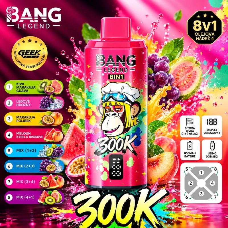Dvě varianty BANG LEGEND 300K 8v1 — Letní Vibrace, Mangová Zmrzlina, Láska 66 a Kyselé Mango Ananas
