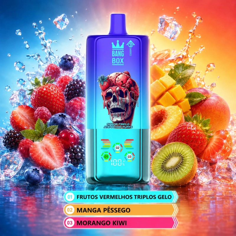 BANGBOX 80.000 puffs vape descartável 3-em-1 recarregável sabor frutos vermelhos gelados, manga com pêssego e morango com kiwi