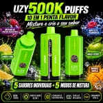 UZY 500K Penta Flavor 10 em 1, dispositivo vape verde com cinco sabores individuais e cinco combinações disponíveis.