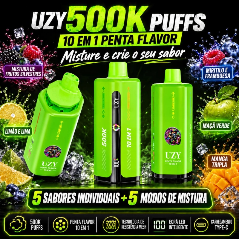 UZY 500K Penta Flavor 10 em 1, dispositivo vape verde com cinco sabores individuais e cinco combinações disponíveis.