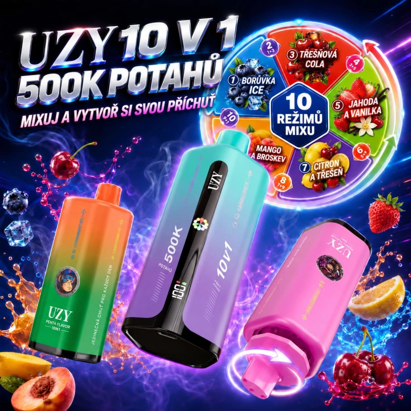 UZY 500K Puffs 10v1 zařízení s 5 samostatnými příchutěmi a 5 mix režimy