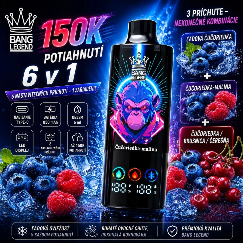 Bang Legend 150K 6v1 – príchute ľadová čučoriedka, čučoriedka-malina a čučoriedka-brusnica-čerešňa