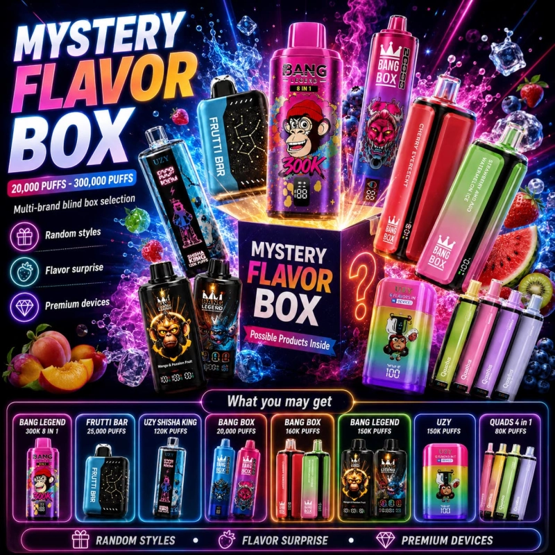 Mystery Vape Box with random 110,000–300,000 puff devices from multiple brands and flavors