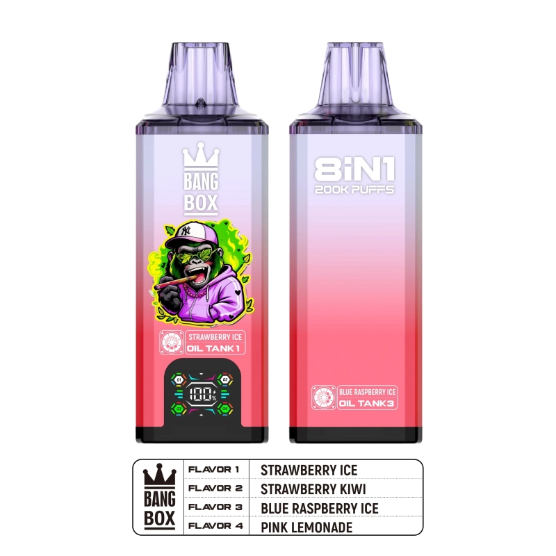 Bang Box 8 in 1 200000 Puffs Disposable Vape Strawberry Ice, Strawberry Kiwi, Blue Raspberry Ice és Pink Lemonade színekben, megmutatva a digitális kijelzőt és a 8 az 1-ben tartály technológiát