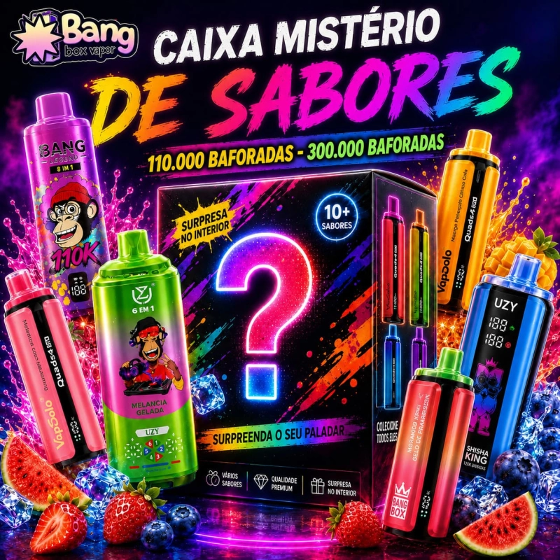 Caixa surpresa Bangbox-Vapor com dispositivos variados e sabores escolhidos conforme o stock disponível
