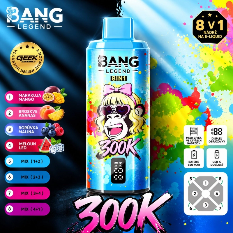 BANG LEGEND 300K 8v1 v růžovém provedení s příchutěmi Mamba, Broskev Mango Meloun a Energický nápoj