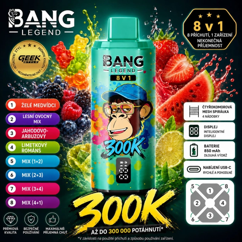 Bang Legend 300K 8 v 1 – vodní meloun s pitayou, jablko s hruškou, marakuja s kiwi a limetkou, borůvka s broskví