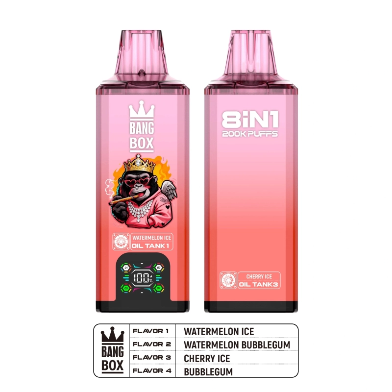 Bang Box 8 in 1 200000 Puffs Disposable Vape Watermelon Ice és Cherry Ice színekben, bemutatva a digitális kijelzőt és a 8 az 1-ben tartály rendszert