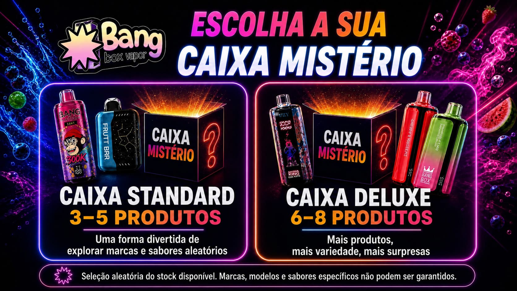 Opções Mystery Box Standard e Premium com 3–5 ou 6–8 produtos aleatórios, várias marcas e sabores