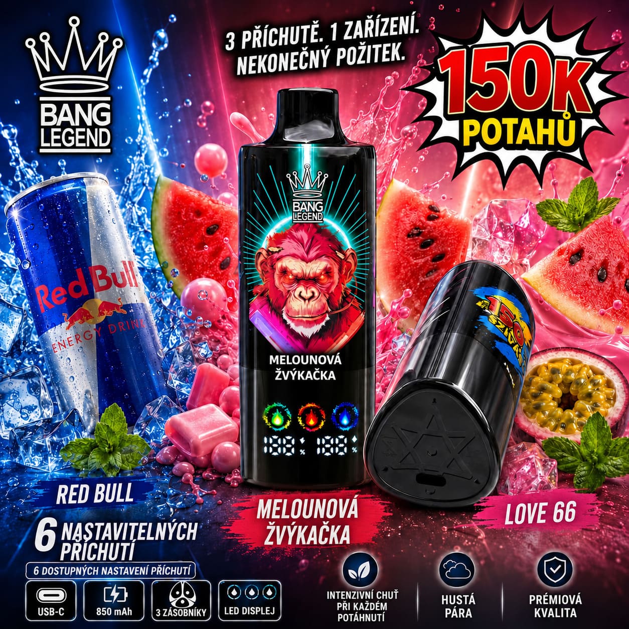 Bang Legend 150K systém 6v1 přepínání příchutí Oil Tank 3 A B C AB AC BC jednorázový vícepříchuťový vape Česká republika