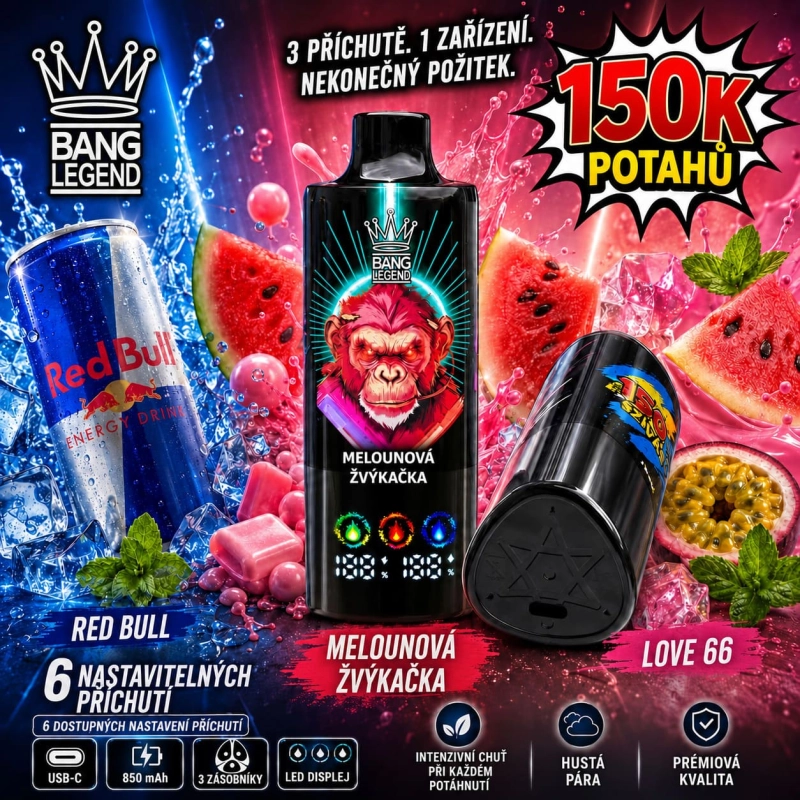 Bang Legend 150K 6 v 1 – mango granita, broskev s mangem a žvýkačka