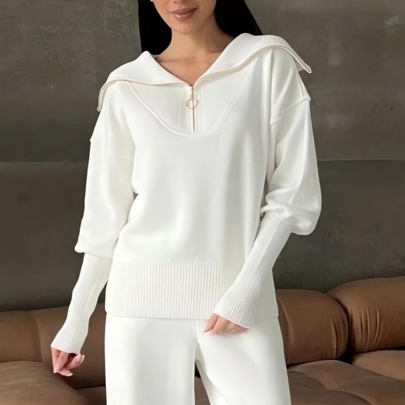 Conjunto de 2 peças de roupa desportiva casual para mulher – top com meio fecho e lapela e jogger a condizer