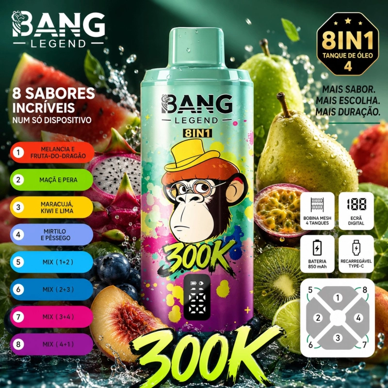 Bang Legend 8in1 300000 Puffs Vape Descartável, Multi-sabor Frutado