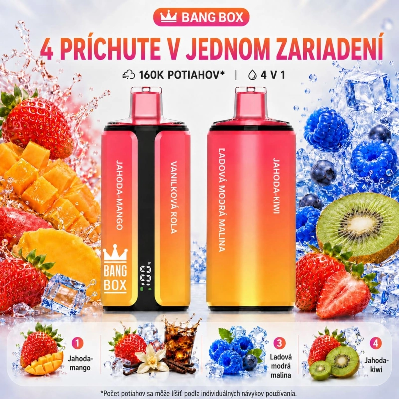 Bang Box 4 v 1 – kombinácia príchutí Mango-jahoda, Vanilková cola, Ľadový Blue Razz, Jahoda-kiwi