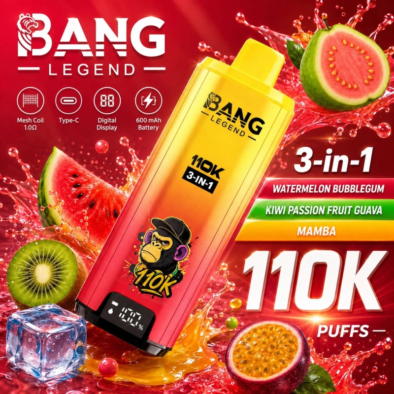 Bang Legend 110K 3-in-1 disposable vape – Strawberry Kiwi, Black Dragon Ice and Lemon Lime flavor set