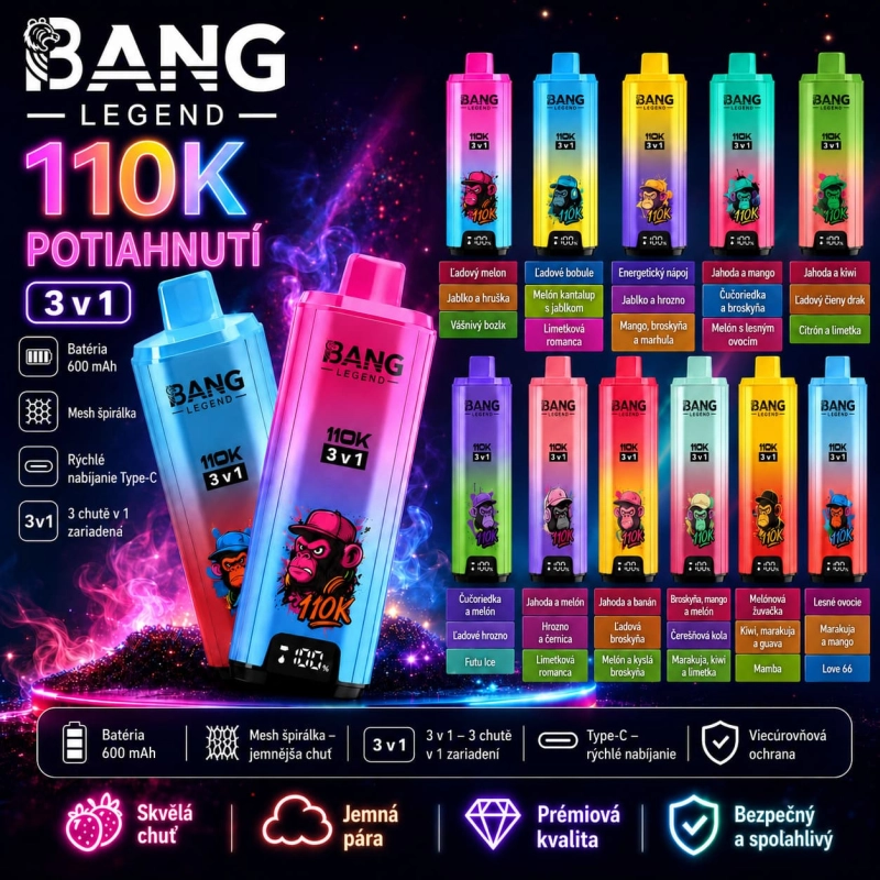 Bang Legend 110K Vape 3 v 1 nabíjateľný jednorazový vape s LED displejom a 12 príchuťami