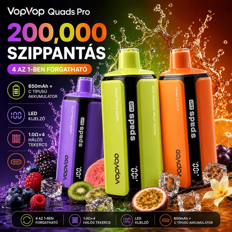 VopVop Quads Pro 200000 szippantásos eldobható vape, vegyes gyümölcs és kóla ízek