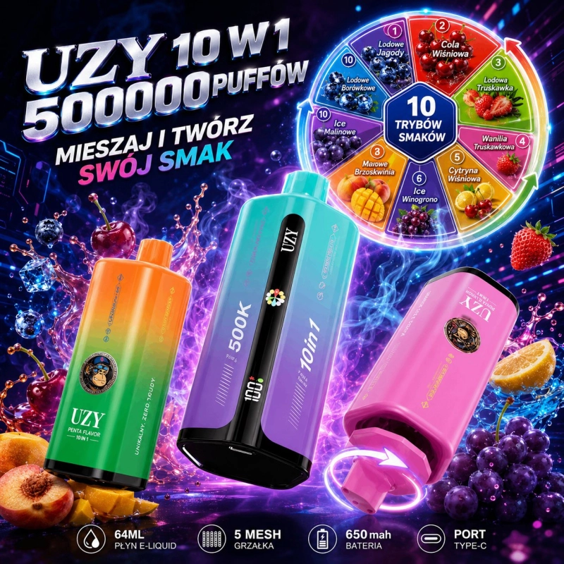 UZY 10 W1 500000 buchów jednorazowy e-papieros, wielosmakowy
