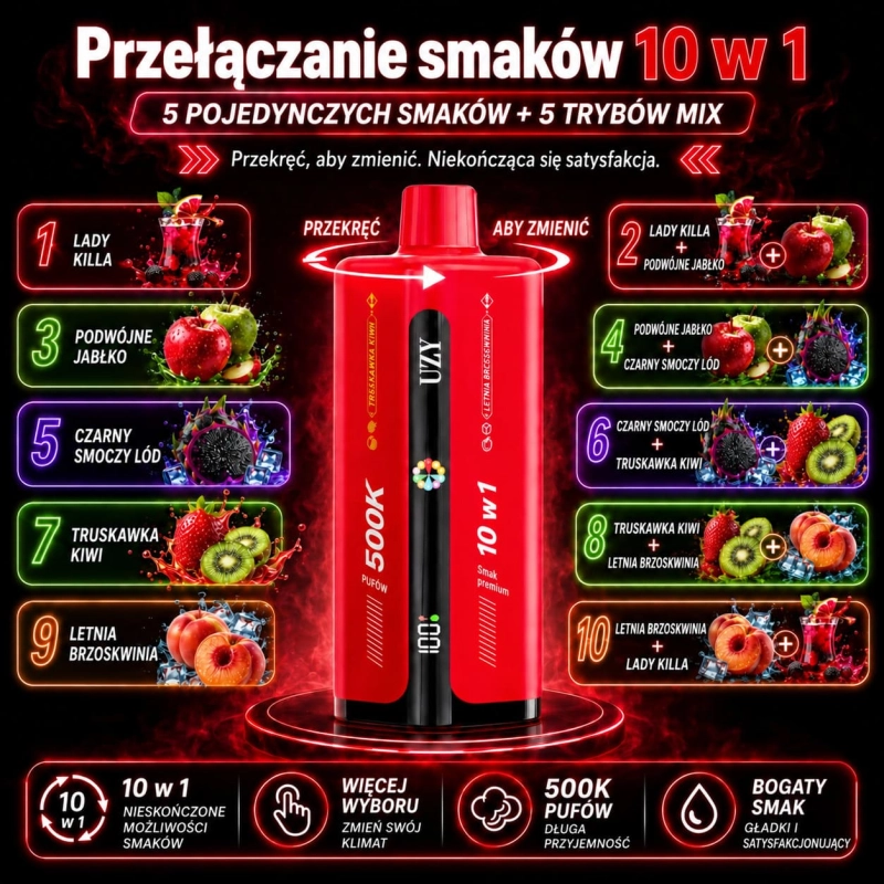 Seria UZY 500K z Lady Killa, jabłkiem, czarnym smokiem z lodem, truskawką z kiwi i brzoskwinią