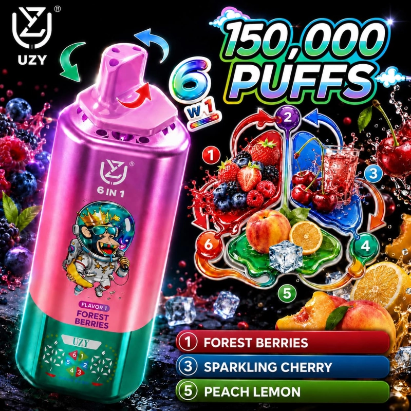 UZY 150K Puffs Wild Berries Sparkling Cherry Peach Lemon flavor vape