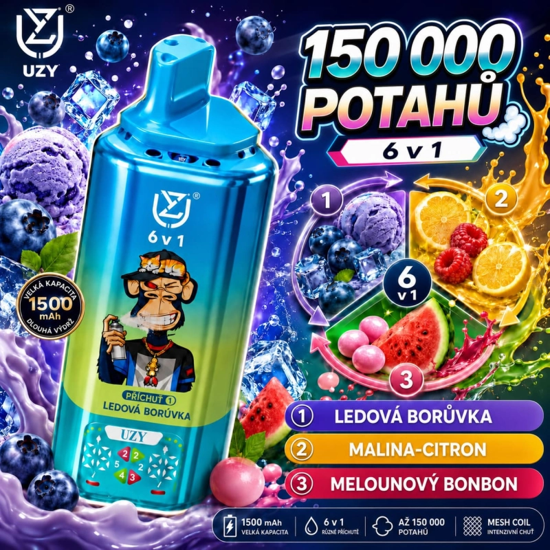 UZY 150K 6v1 jednorázová e-cigareta – Ledová borůvka, Malina s citronem, Žvýkačka s vodním melounem