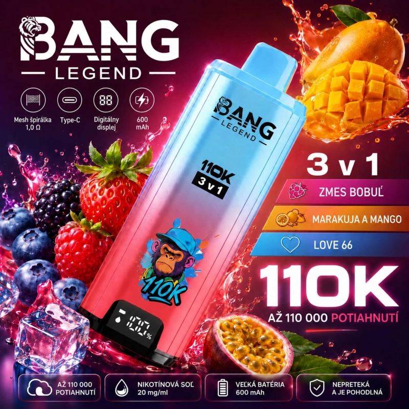 Bang Legend 110K Jednorazový Vape Jahodové bobule mango čučoriedka broskyňa melón