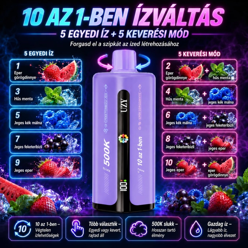UZY 500K 10 az 1-ben vape hűsítő gyümölcsös ízekkel és mentás frissességgel