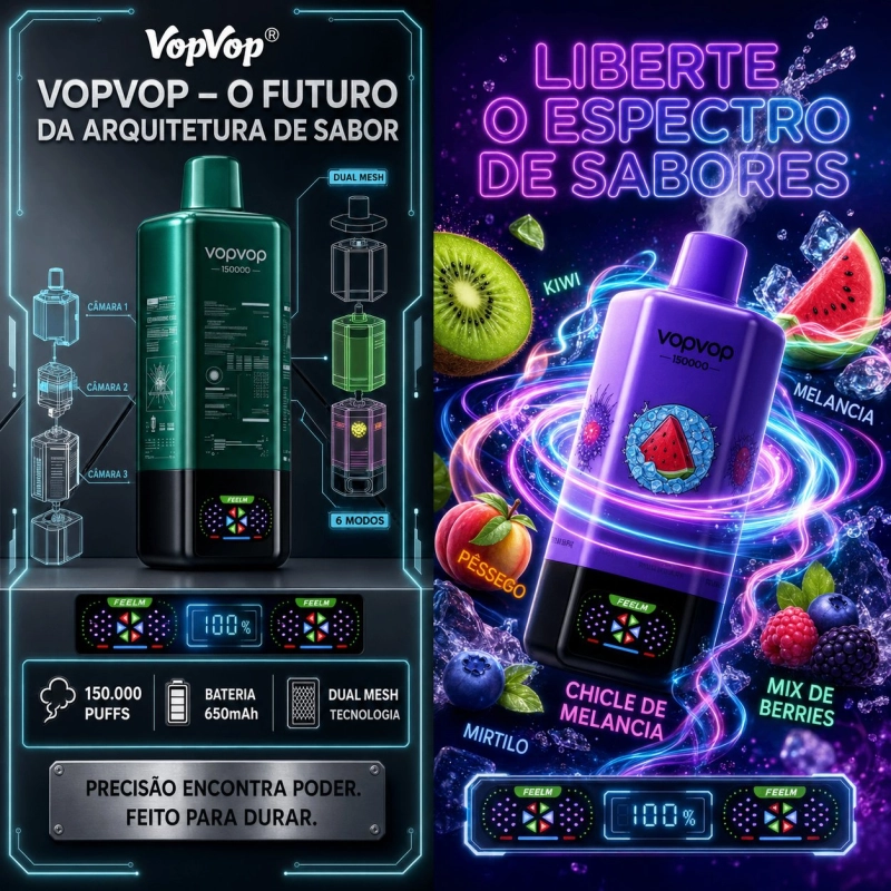 VopVop 150000 Puxadas Cigarro Eletrônico Descartável, Sabor Melancia e Frutas