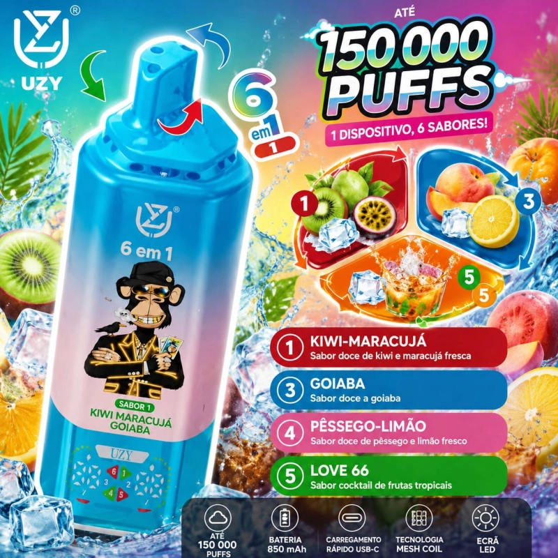 Vape descartável multi-sabores sabor Kiwi, Maracujá e Goiaba com kiwi e maracujá, goiaba e refresco de pêssego com limão
