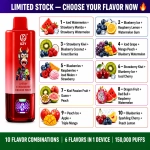 UZY 150K Puffs 6-in-1 vape flavor collection with 10 fruit flavor combinations and rechargeable design