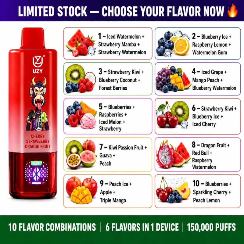 UZY 150K Puffs 6-in-1 vape flavor collection with 10 fruit flavor combinations and rechargeable design