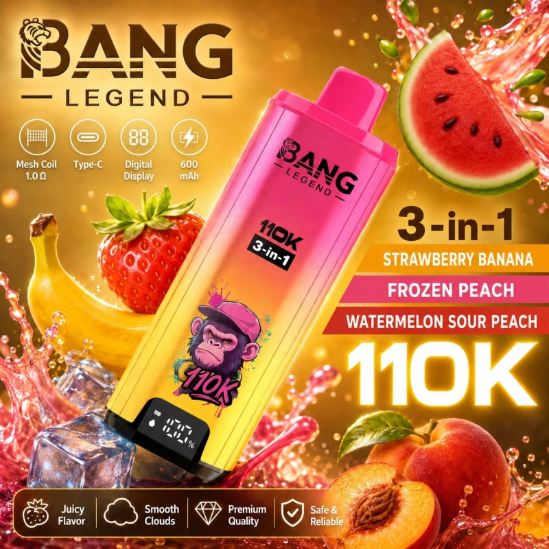 Bang Legend 110K 3-in-1 disposable vape – Blueberry Raspberry, Gummy Bear and Watermelon Pitaya flavor set