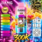 Růžová jednorázová vape BANG LEGEND 300K 8v1 s příchutěmi Letní nálada, Mangový LED, Love 66 a Kyselé mango a ananas