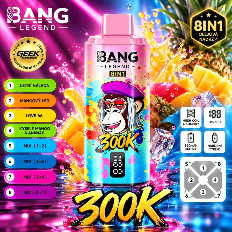 Růžová jednorázová vape BANG LEGEND 300K 8v1 s příchutěmi Letní nálada, Mangový LED, Love 66 a Kyselé mango a ananas