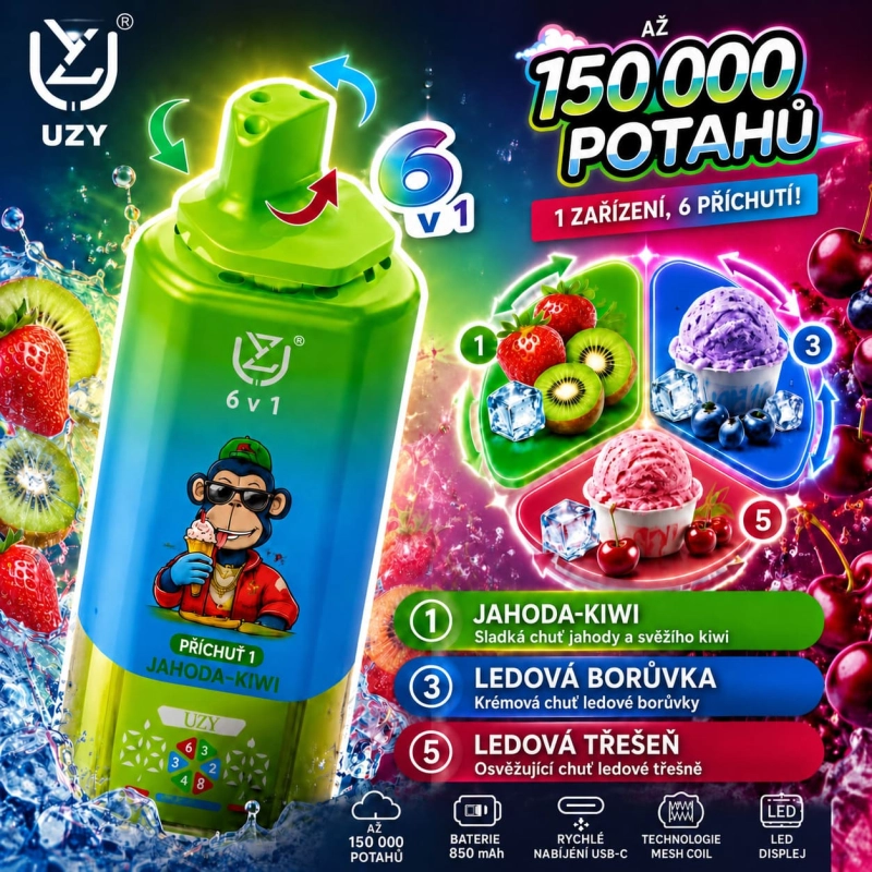 UZY 150K 6v1 jednorázová e-cigareta – Jahoda s kiwi, Ledová borůvka, Ledová třešeň