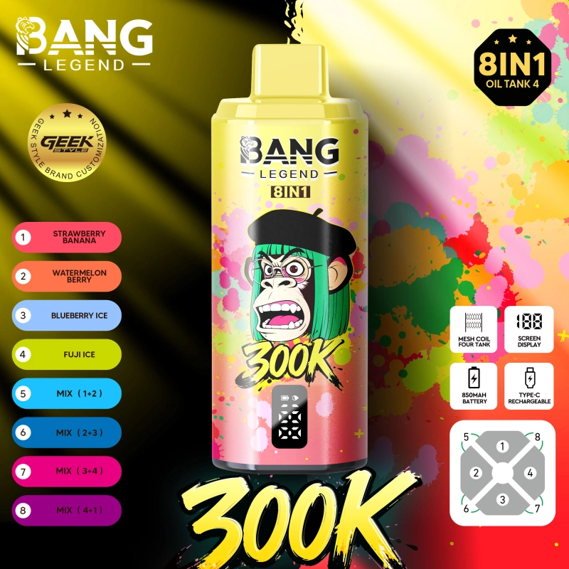 Bang Legend 300K 8-in-1 Flavors Disposable Vape – Több ízű, 300 000 szippantásos élmény10. gumimaci+vegyes bogyós+eper görögdinnye+mézmeszes szerelem