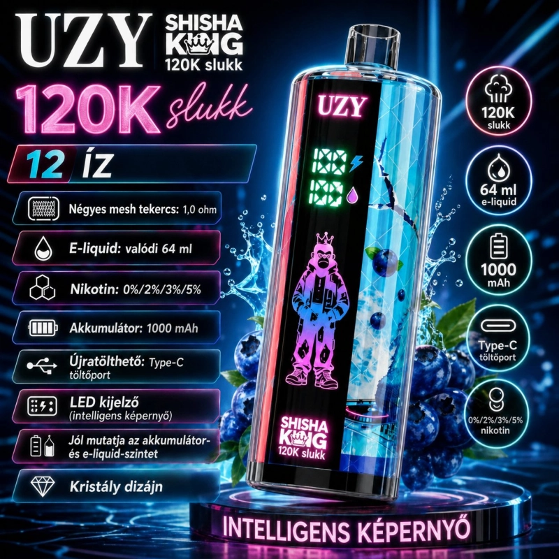 UZY Shisha King 120000 slukk eldobható vape, áfonya kék
