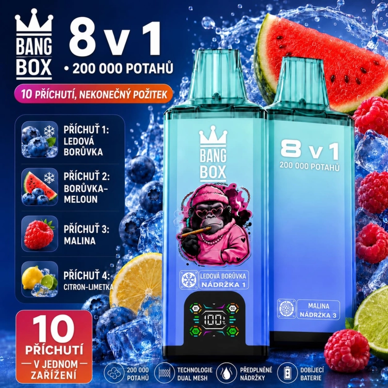 Bang Box 200K 8 v 1 Ledová borůvka mix – borůvkový meloun, malina, citron a limetka, ovocná příchuť