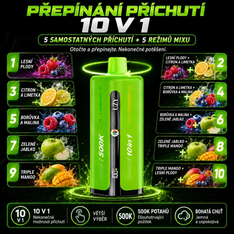 UZY 10v1 vape s příchutěmi lesního ovoce a tropického manga