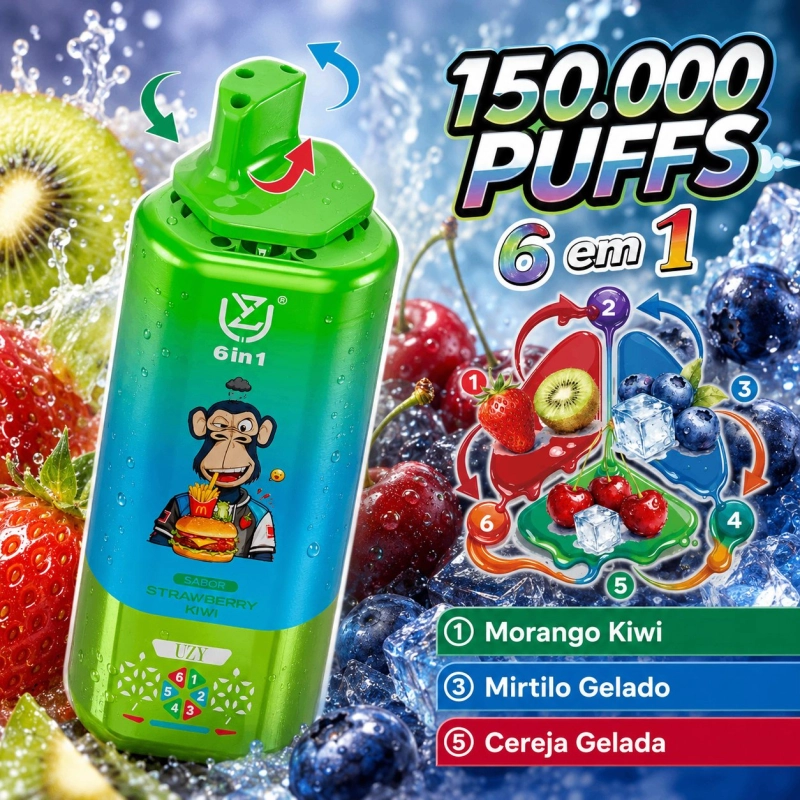 UZY 6 em 1 150.000 Puffs Cigarro Eletrônico Descartável, Sabores Frutas Geladas