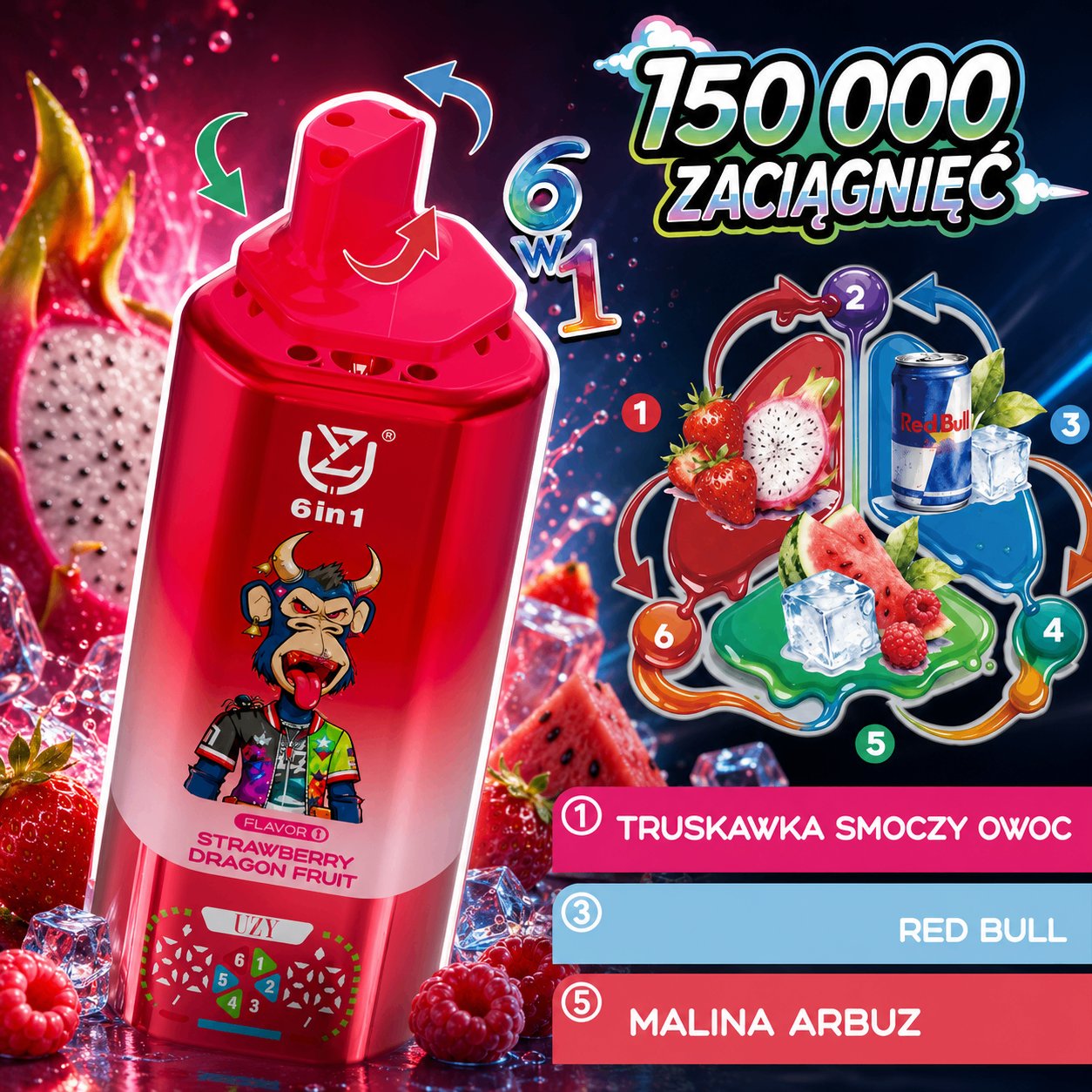 UZY 150K Blueberry Ice Raspberry Lemon 6in1 smak jagodowy